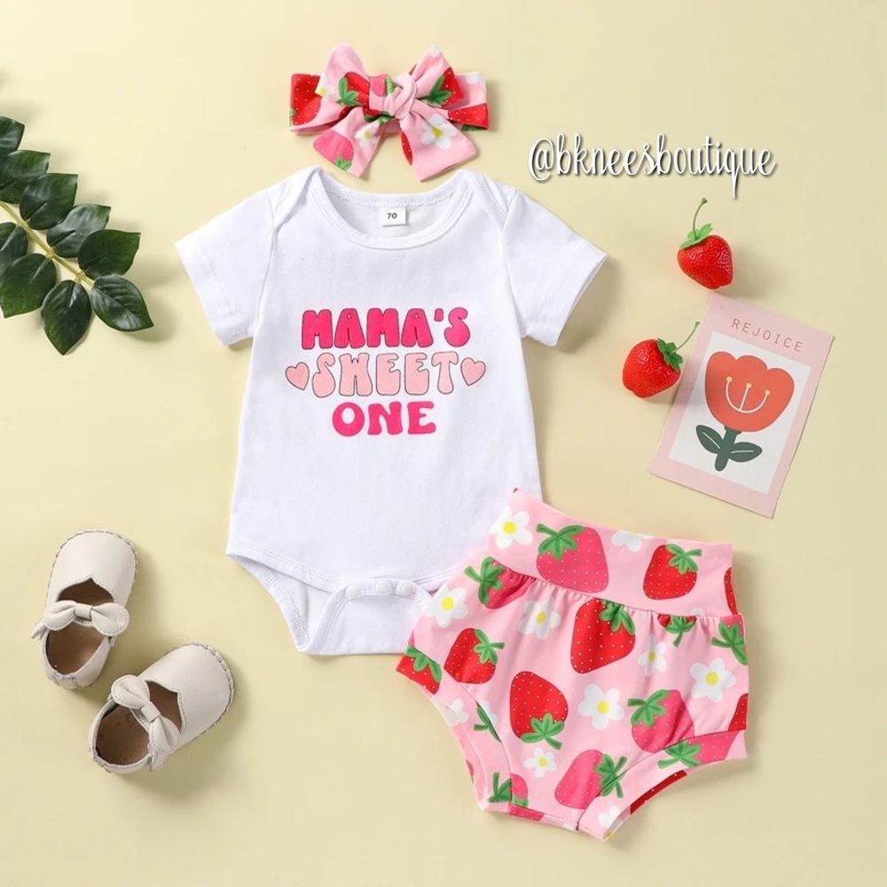 Babygirl Boutique Mama Sweet One Strawberry Fruit Bloomer Matching 3pc. Outfit - Picture 2 of 3